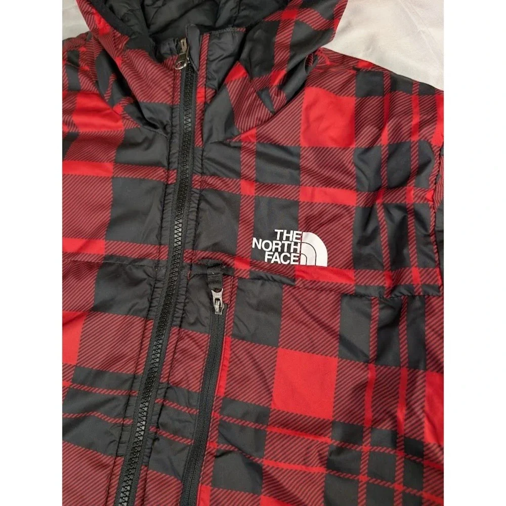 The North Face Reversible Quilted Puffer Jacket Red Black Plaid Hooded Boy's XL
